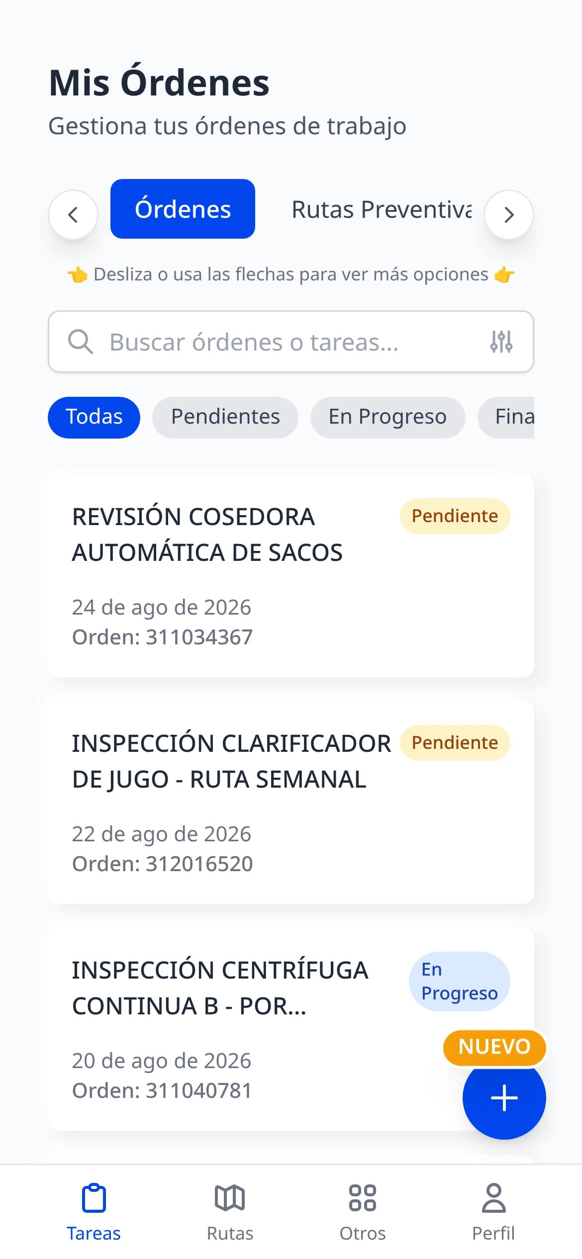 La app de PLASMA en el celular del operario, con sus órdenes del día y el estado de cada una
