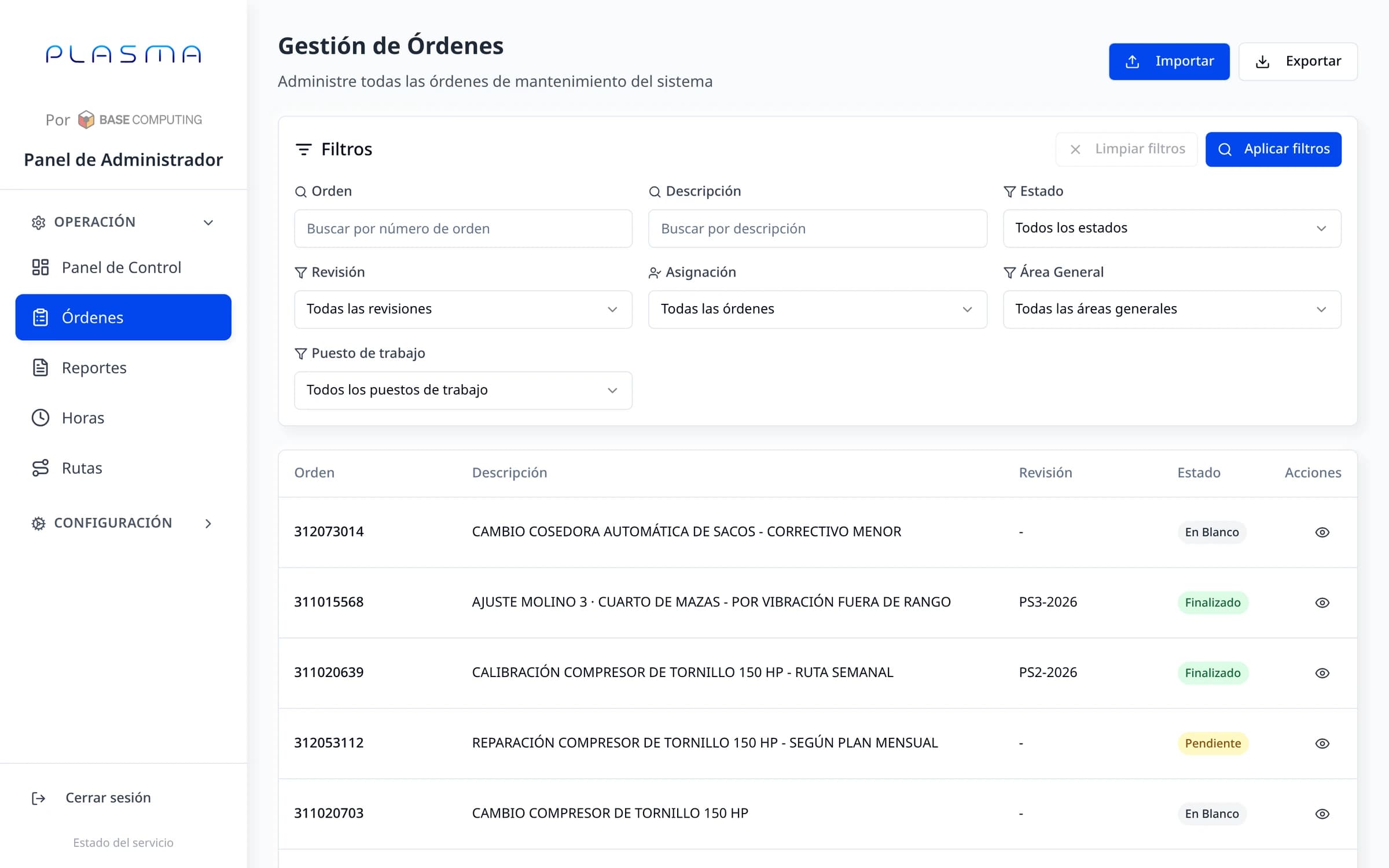 Gestión de órdenes en PLASMA, con filtros por estado, revisión, área y puesto de trabajo