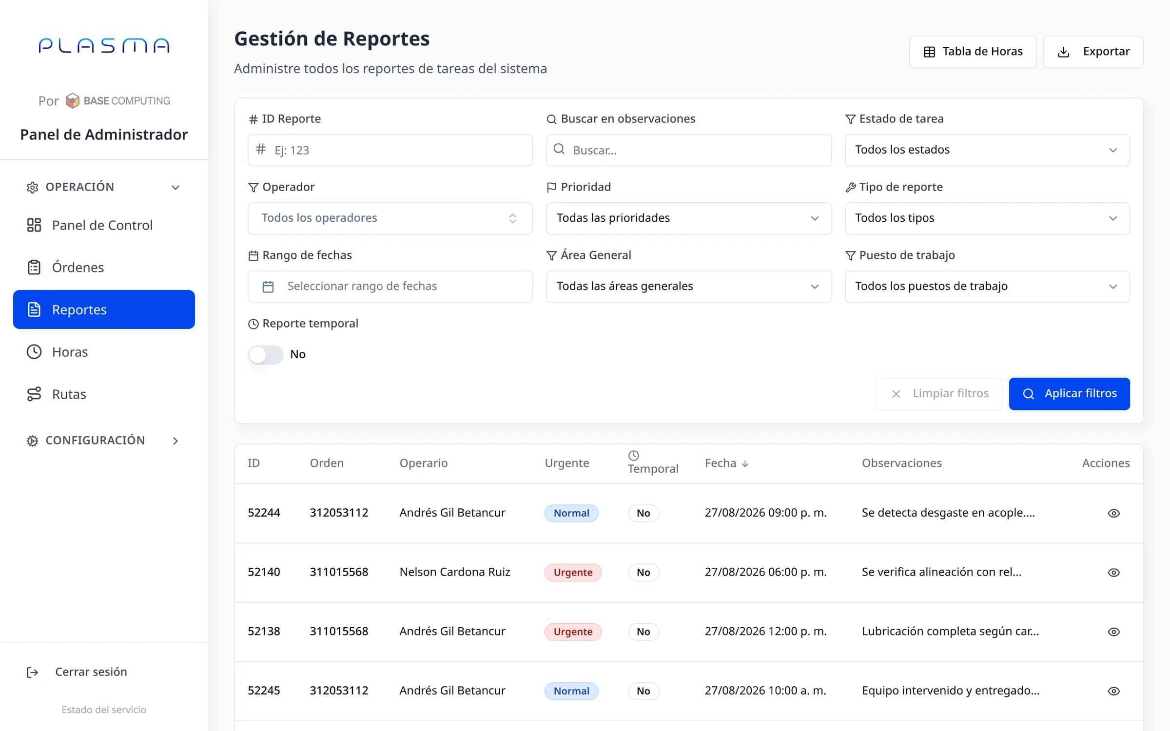 Módulo de reportes de PLASMA, con sus filtros, la tabla de reportes y el botón de exportar